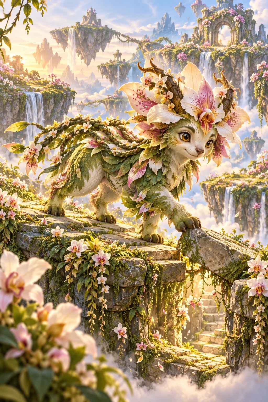 Orchidhelm Guardian, horned orchid guardian in Floating Meadows; founder-approved source artwork