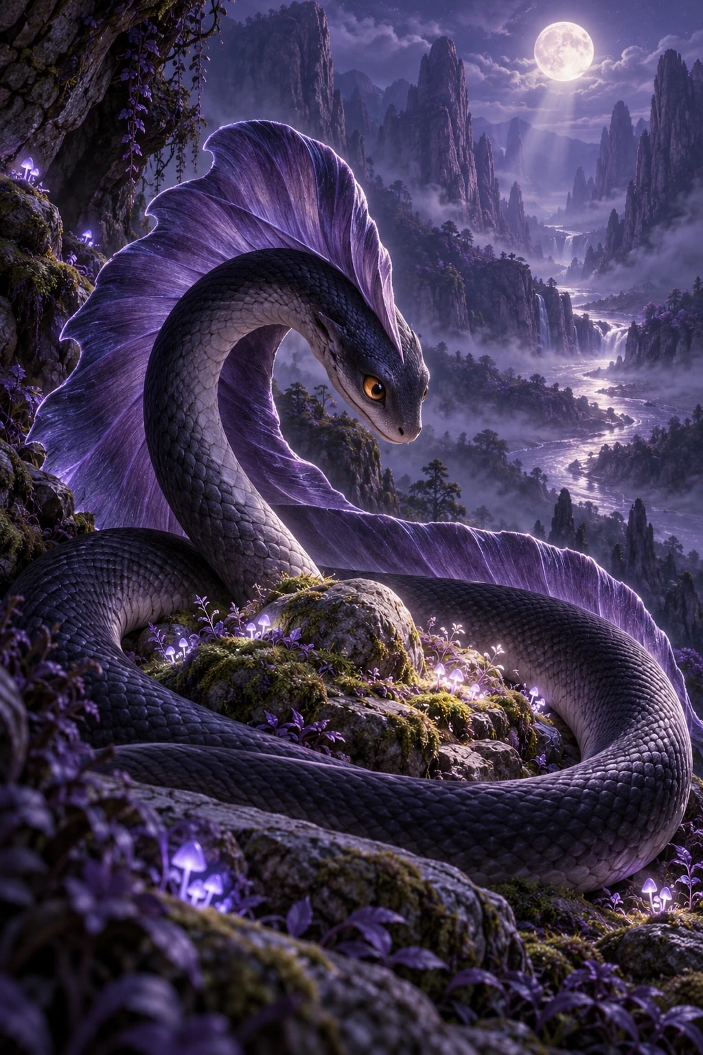 Velvet Coil Serpent, velvet serpent in Shadow Valleys; founder-approved source artwork
